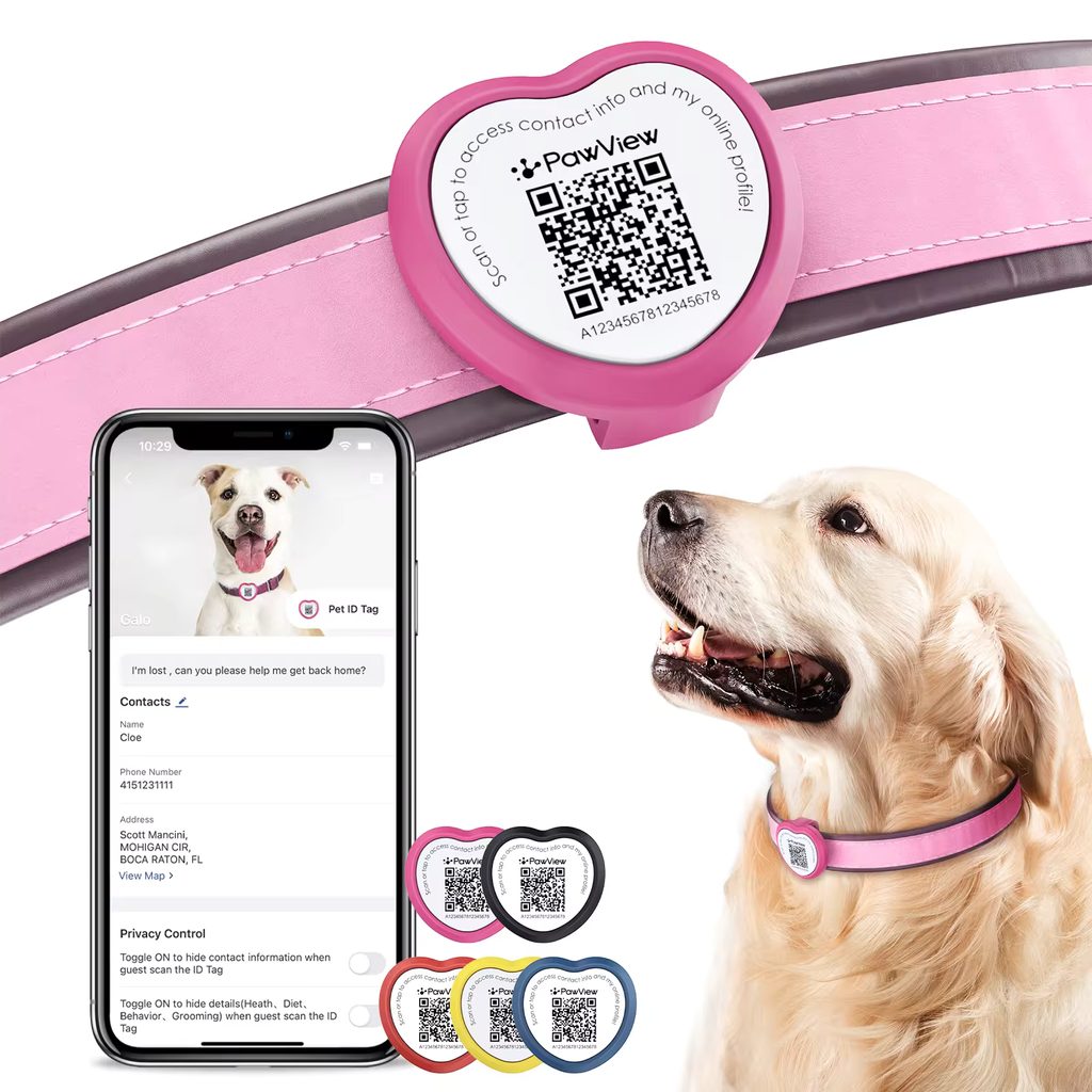 PawView chytrá známka pro psy a kočky srdce - růžová